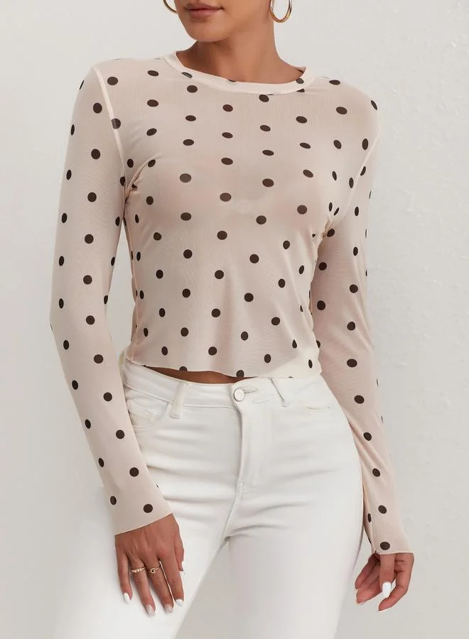 تايك تو Take Two Polka Dot Mesh Long Sleeve Round Neck Top