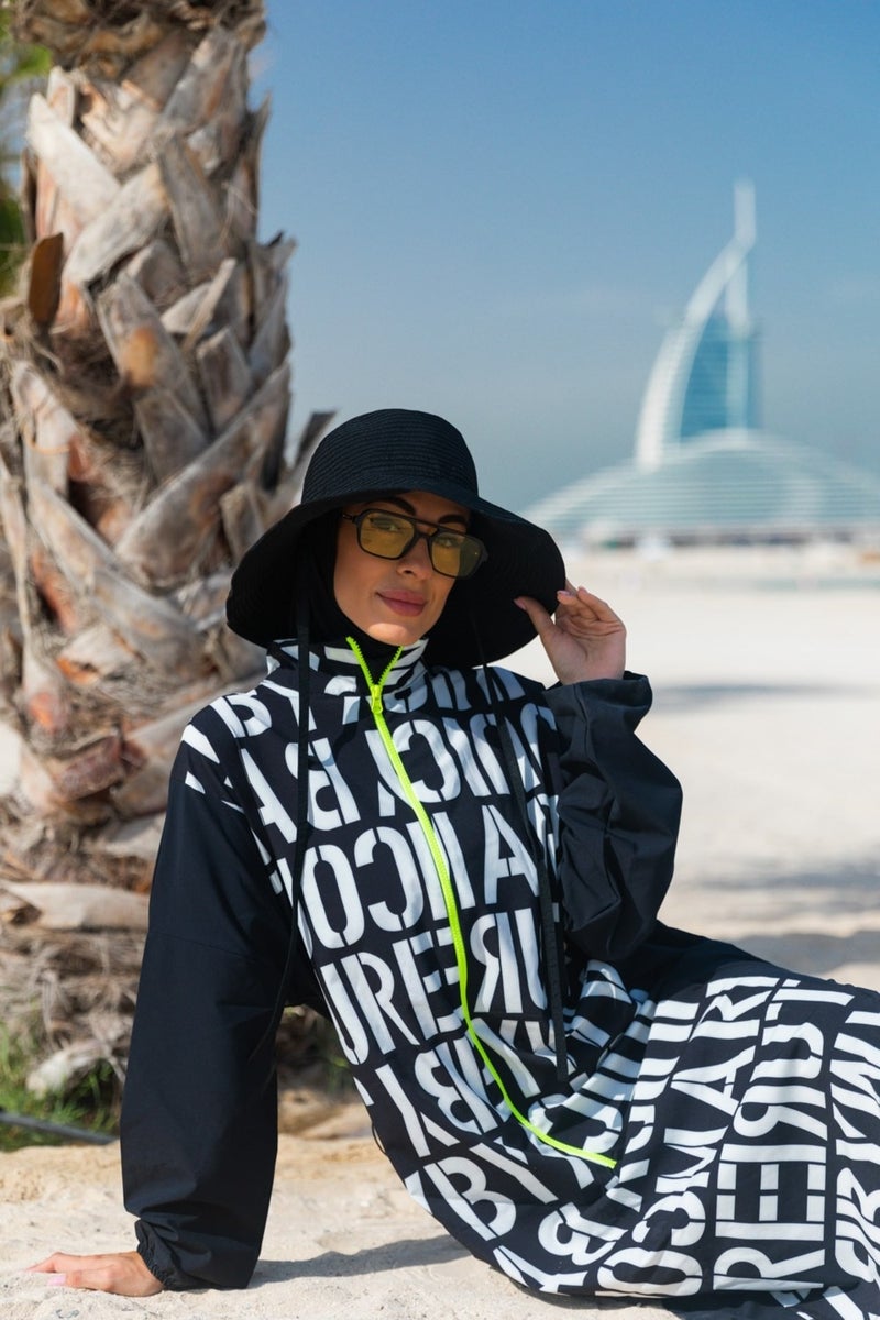 Marina Parachute Lettered Black Fully Covered Hijab Swimsuit M2301  - Image 1