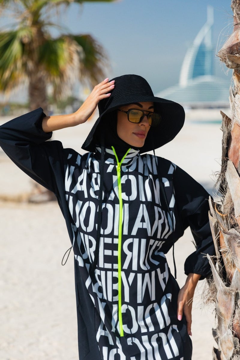 Marina Parachute Lettered Black Fully Covered Hijab Swimsuit M2301  - Image 2