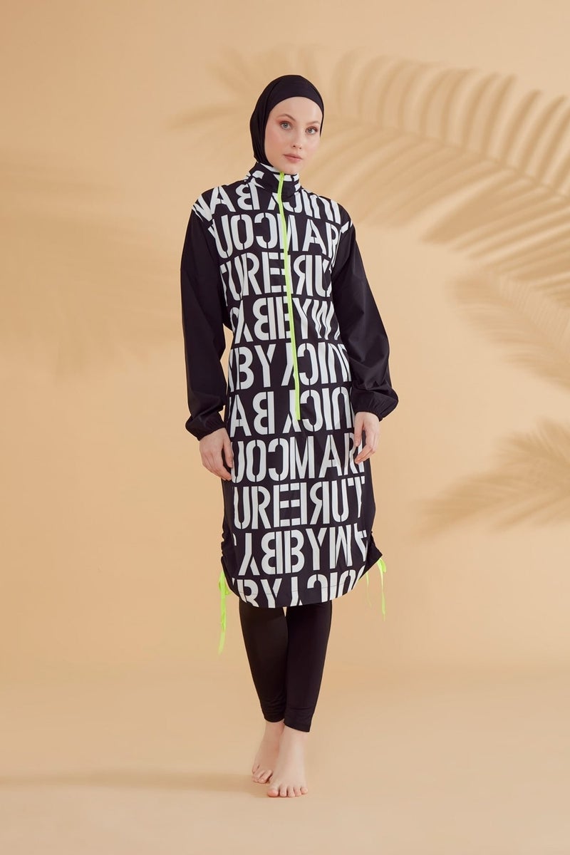 Marina Parachute Lettered Black Fully Covered Hijab Swimsuit M2301  - Image 4