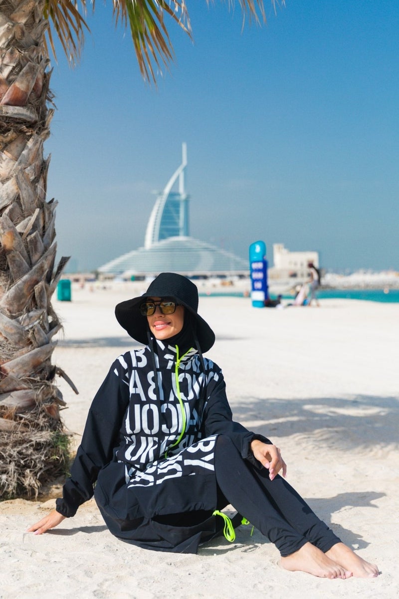 Marina Parachute Lettered Black Fully Covered Hijab Swimsuit M2301  - Image 3