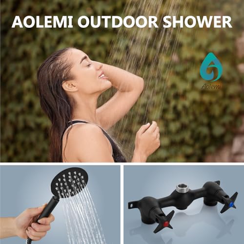 Aolemi Outdoor Shower Kit Fixtures Faucet System 2-Handle Exposed Shower with Brass Mix Valve 6" Center with HandheldShower Matte Black - Image 2