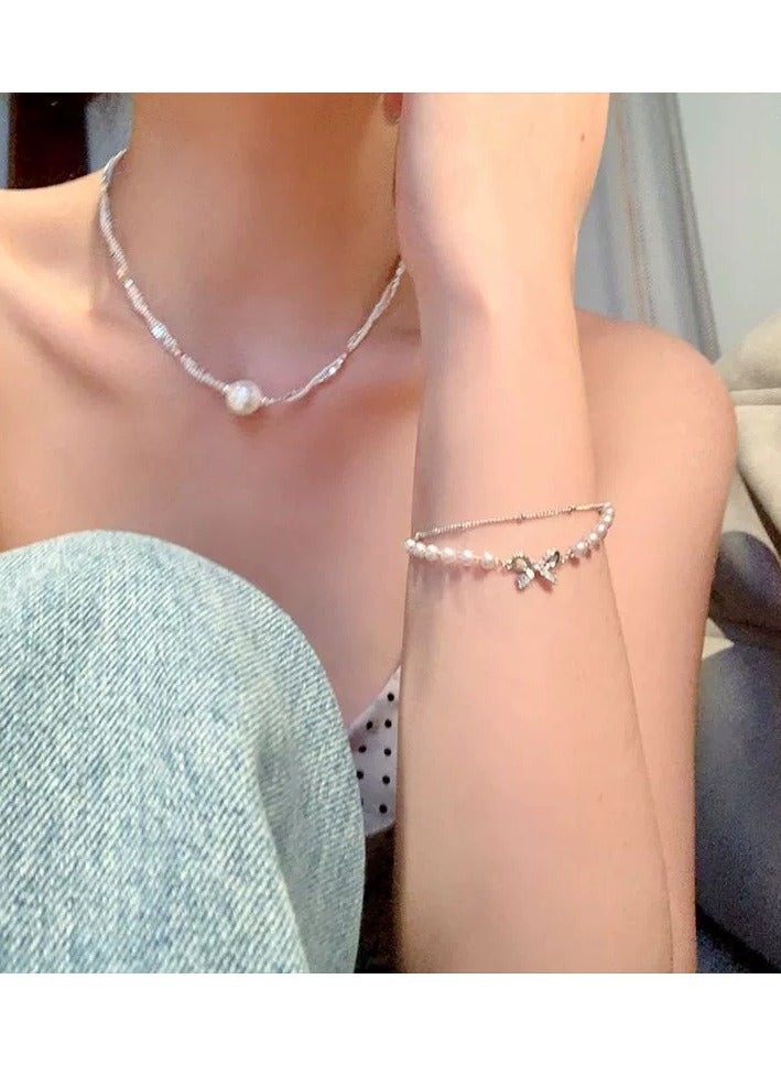 Goolsky Double-Layer Pearl Bow Bracelet – Dainty Layered Hand Chain, Elegant Gift for Girls & Students - Image 2