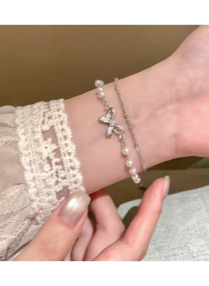 Goolsky Double-Layer Pearl Bow Bracelet – Dainty Layered Hand Chain, Elegant Gift for Girls & Students - Image 3