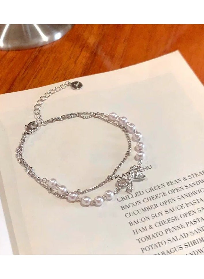 Goolsky Double-Layer Pearl Bow Bracelet – Dainty Layered Hand Chain, Elegant Gift for Girls & Students - Image 4