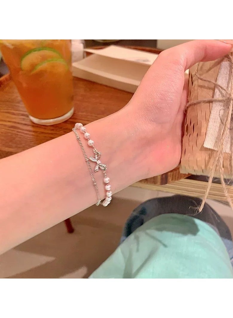 Goolsky Double-Layer Pearl Bow Bracelet – Dainty Layered Hand Chain, Elegant Gift for Girls & Students - Image 5