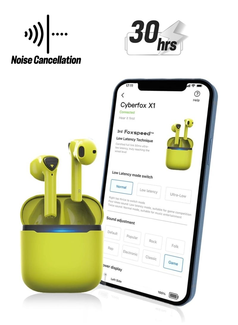FlyDigi Cyberfox X1 True Wireless 50ms Ultra-Low Latency Gaming Earbuds, 13.4mm Large Drivers-Active Noise Canceling, 30 Hours of Play Time, Gaming/Music/Sports Sweat-Proof Headphone (Yellow) - Image 1