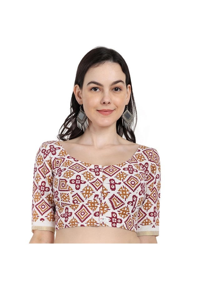 JISB Women's Printed Cotton Elbow Sleeve Kerala Saree Blouse (Maroon, 42) - Image 1