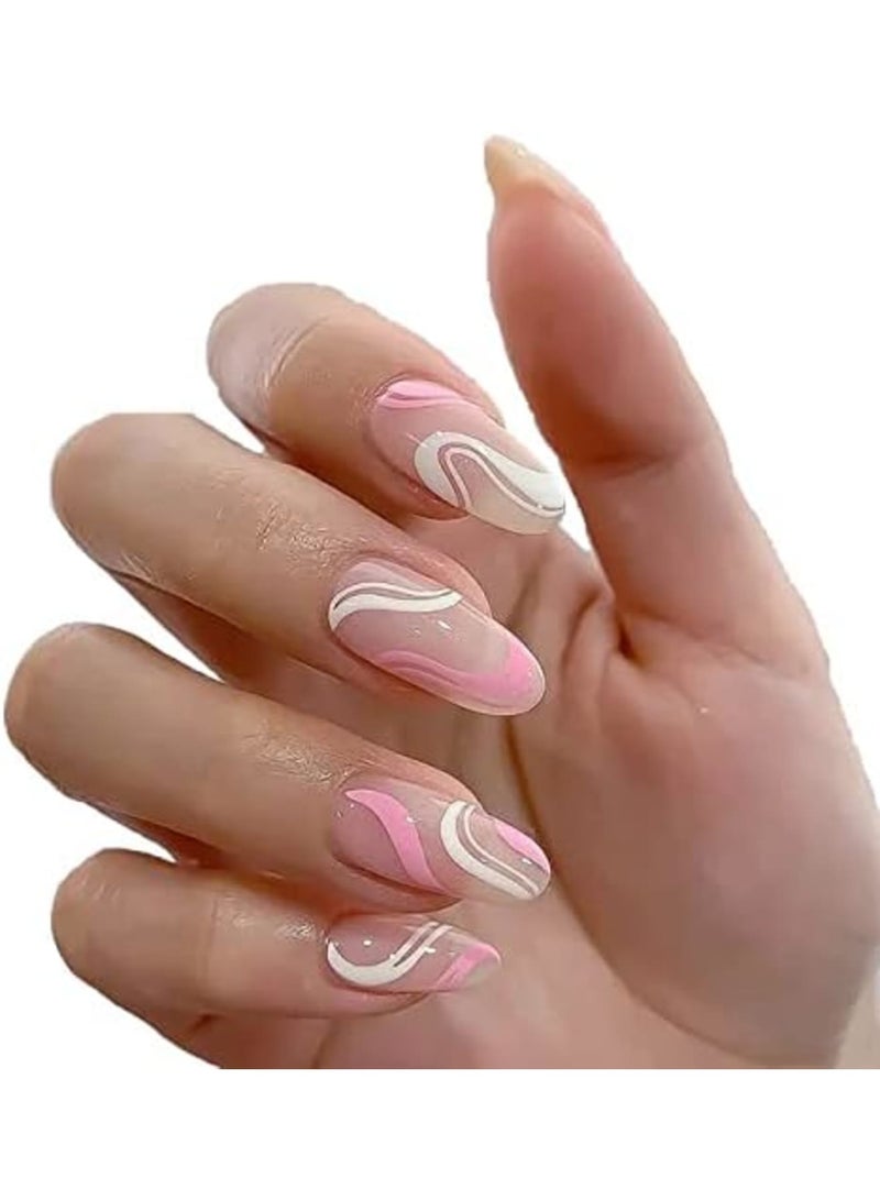 Luckam أظافر أكريليك، أظافر مزيفة بطول متوسط، أظافر بيضاء وردية تجريدية لطيفة على شكل تابوت، أظافر مزيفة مع غراء، أظافر ملصقة، زينة مانيكير، أظافر أكريليك لامعة بلون نود 24 قطعة - Image 1