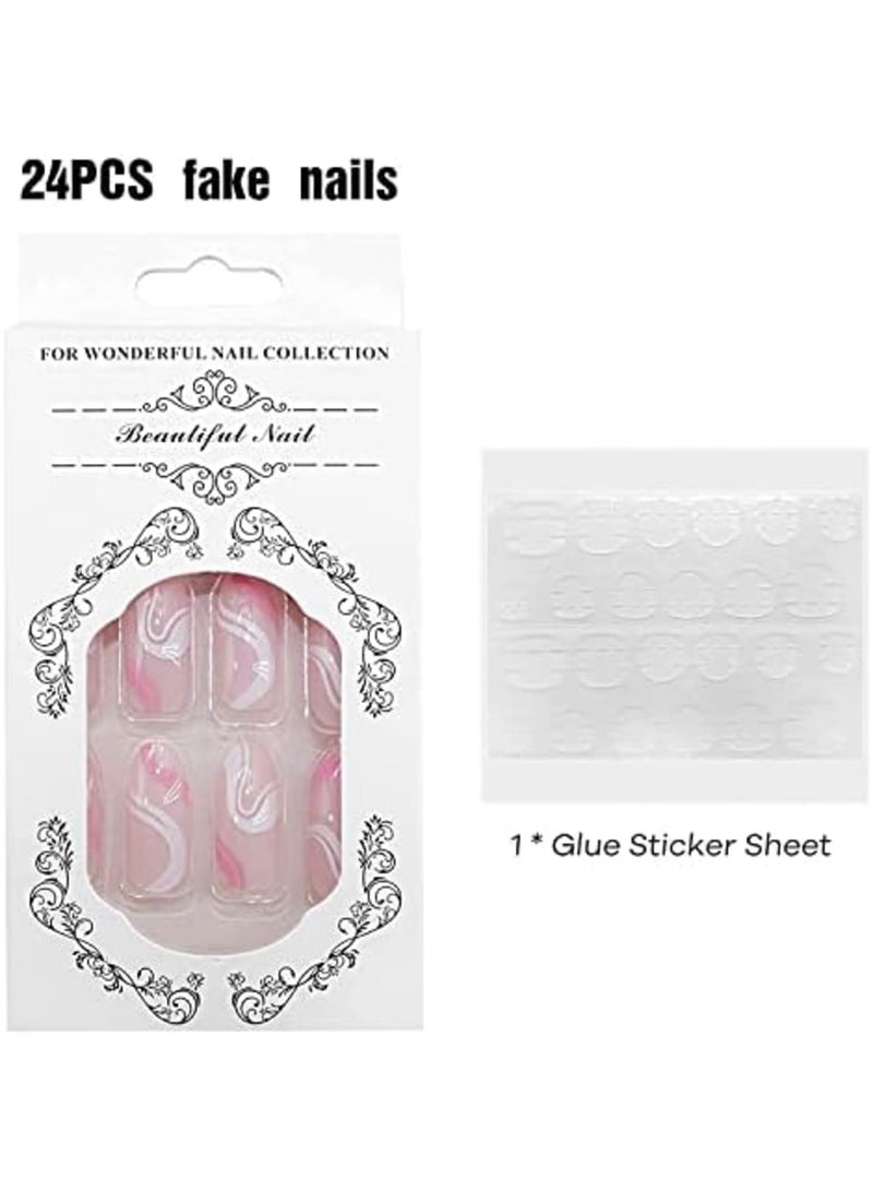 Luckam أظافر أكريليك، أظافر مزيفة بطول متوسط، أظافر بيضاء وردية تجريدية لطيفة على شكل تابوت، أظافر مزيفة مع غراء، أظافر ملصقة، زينة مانيكير، أظافر أكريليك لامعة بلون نود 24 قطعة - Image 5