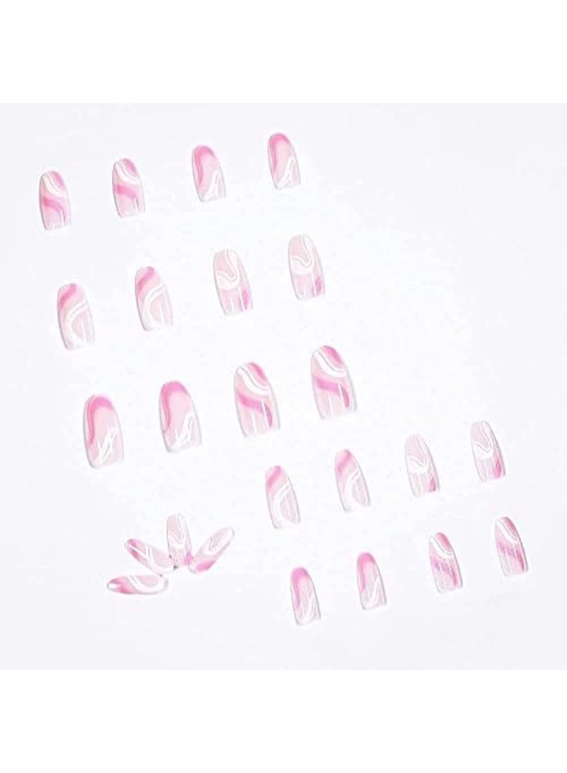 Luckam أظافر أكريليك، أظافر مزيفة بطول متوسط، أظافر بيضاء وردية تجريدية لطيفة على شكل تابوت، أظافر مزيفة مع غراء، أظافر ملصقة، زينة مانيكير، أظافر أكريليك لامعة بلون نود 24 قطعة - Image 4