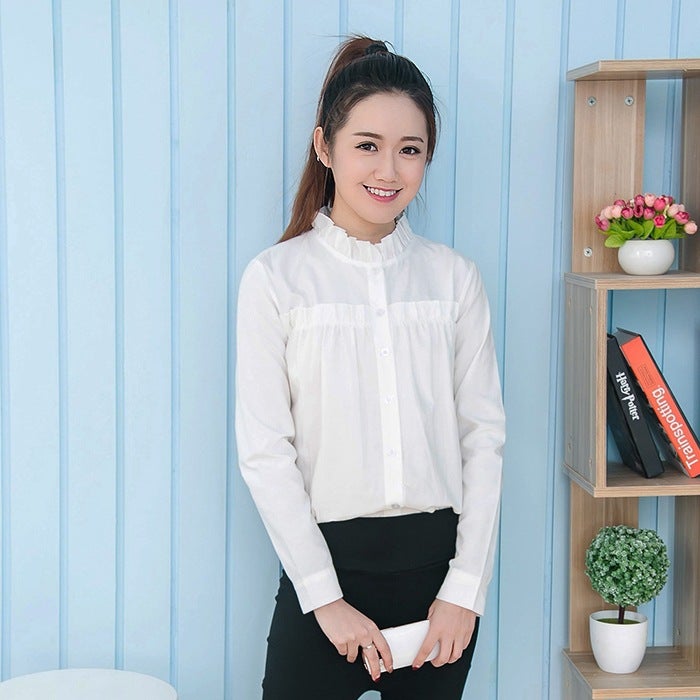 2023 Spring and Autumn Pure White Cotton Lotus Leaf Lace Small Collar Fashionable Loose Shirt Long Sleeve Women White 
