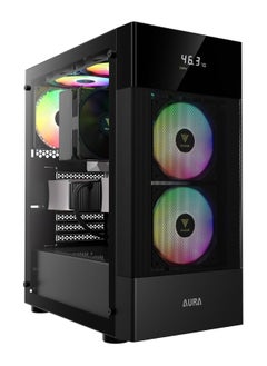 جامدياس علبة كمبيوتر GAMDIAS AURA للكمبيوتر الشخصي من GAMDIAS، علبة كمبيوتر ATX للألعاب، برج متوسط، شاشة رقمية، لوحة زجاجية مقواة، شبكة تدفق هواء، مروحة FRGB 3 × 120 مم، أسود  - Image 1