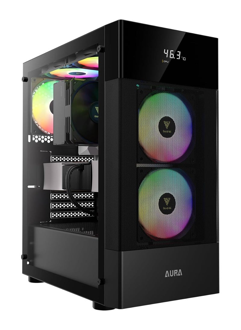 GAMDIAS GAMDIAS AURA PC Case, ATX Gaming Computer Cases, Mid Tower, Digital Display, Tempered Glass Panel, Airflow Mesh, Pre-install 3 x 120mm FRGB Fan, Black  - Image 1