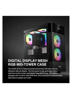جامدياس علبة كمبيوتر GAMDIAS AURA للكمبيوتر الشخصي من GAMDIAS، علبة كمبيوتر ATX للألعاب، برج متوسط، شاشة رقمية، لوحة زجاجية مقواة، شبكة تدفق هواء، مروحة FRGB 3 × 120 مم، أسود  - Image 2