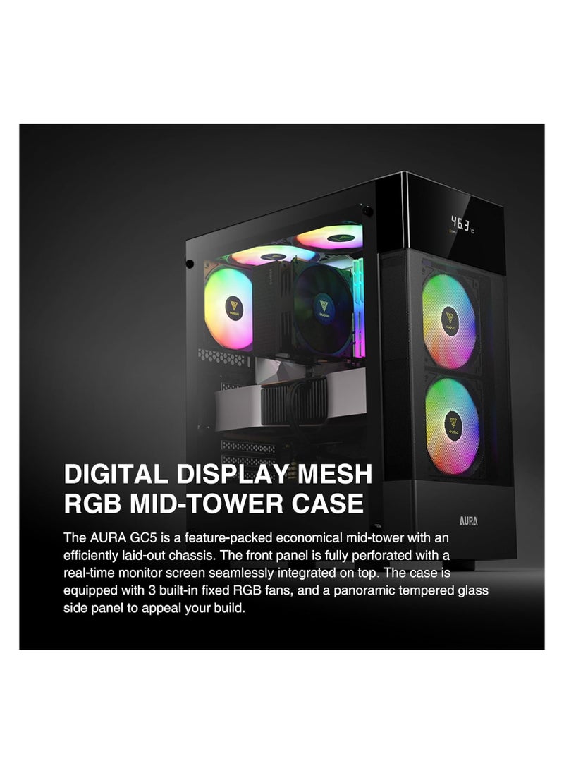GAMDIAS GAMDIAS AURA PC Case, ATX Gaming Computer Cases, Mid Tower, Digital Display, Tempered Glass Panel, Airflow Mesh, Pre-install 3 x 120mm FRGB Fan, Black  - Image 2