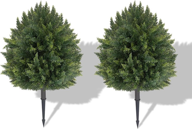 Vechor 2 Pack Artificial Cedar Ball Tree，25 '' Fake Plants, Artificial Cypress Topiaries，Artificial Plants for Porch，Faux Bushes with Ground Spike，UV-Resistant Outdoor/Indoor Plant - Image 1