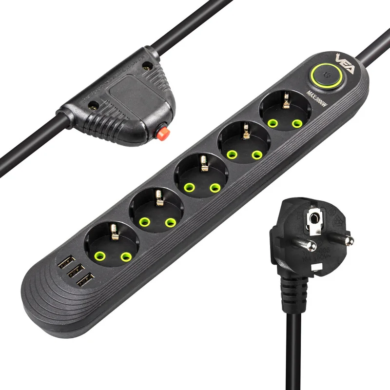AYT Vea VA-21561 Surge Protected Socket 5-Piece 1.5 Meter Extension Cable USB with Heat Resistant 3-16 Ampere with Switch