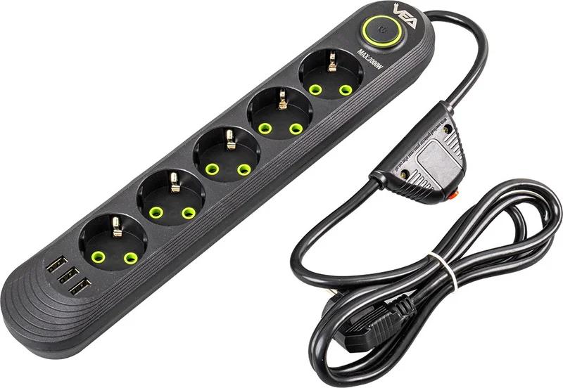 AYT Vea VA-21561 Surge Protected Socket 5-Piece 1.5 Meter Extension Cable USB with Heat Resistant 3-16 Ampere with Switch