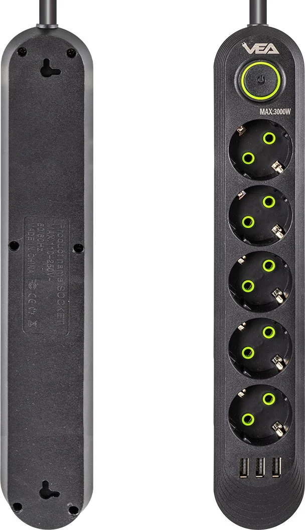 AYT Vea VA-21561 Surge Protected Socket 5-Piece 1.5 Meter Extension Cable USB with Heat Resistant 3-16 Ampere with Switch