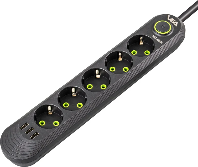 AYT Vea VA-21561 Surge Protected Socket 5-Piece 1.5 Meter Extension Cable USB with Heat Resistant 3-16 Ampere with Switch