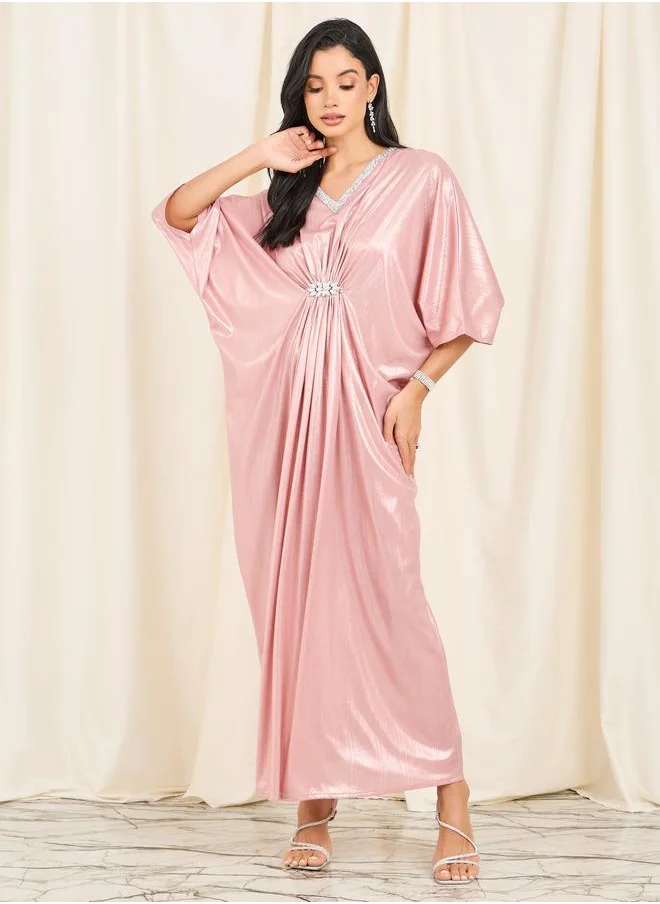 ستايلي Styli Embellished Neck Ruched Detail Metallic Maxi Dress