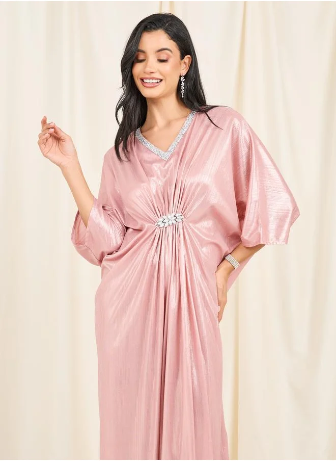 ستايلي Styli Embellished Neck Ruched Detail Metallic Maxi Dress