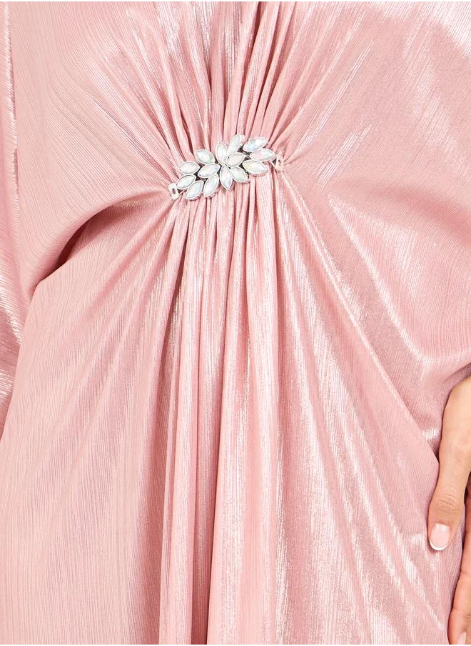 ستايلي Styli Embellished Neck Ruched Detail Metallic Maxi Dress