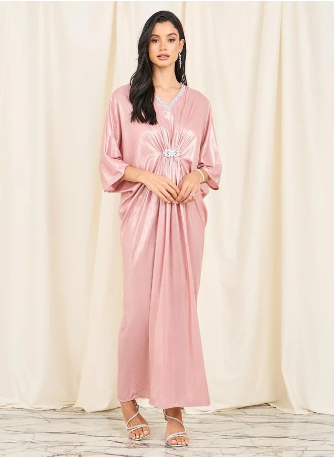 ستايلي Styli Embellished Neck Ruched Detail Metallic Maxi Dress