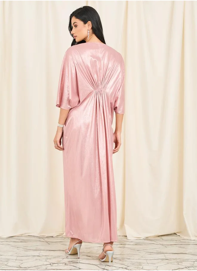 ستايلي Styli Embellished Neck Ruched Detail Metallic Maxi Dress