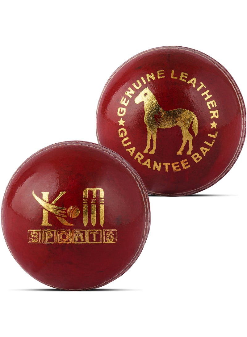 KM SPORTS KM Sports Red Hardball/Leather Cricket Ball - Hand Stitched 4 Piece Construction 156 grams 35 over Match Ball - Image 3