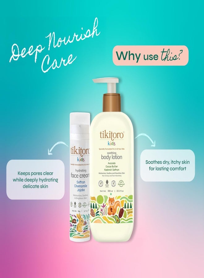 Tikitoro Kids Winter Care Combo Hydrating Face Cream & Soothing Body Lotion All Skin Types | Saffron, Chamomile, Jojoba, Avocado & Cocoa Butter | Lightweight, Non-Greasy (Age 4+) (50g x1 & 300ml x1) - Image 2