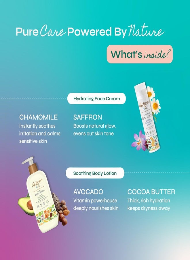 Tikitoro Kids Winter Care Combo Hydrating Face Cream & Soothing Body Lotion All Skin Types | Saffron, Chamomile, Jojoba, Avocado & Cocoa Butter | Lightweight, Non-Greasy (Age 4+) (50g x1 & 300ml x1) - Image 3