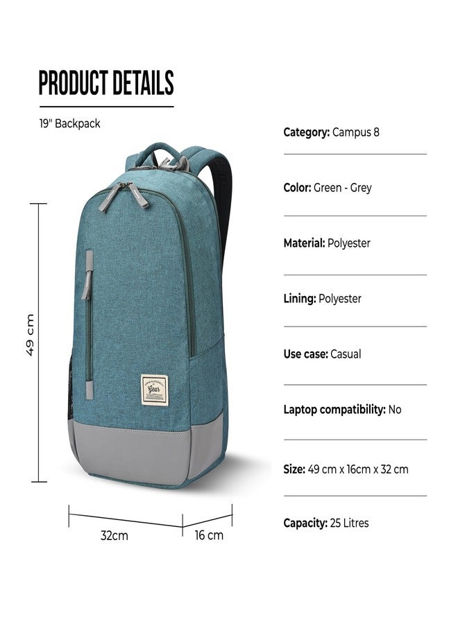Gear Campus8 25L Medium Water Resistant School Bag/Casual 4 Compartment Backpack/Daypack/College Bag/For Men/Women - Green Grey - Image 2