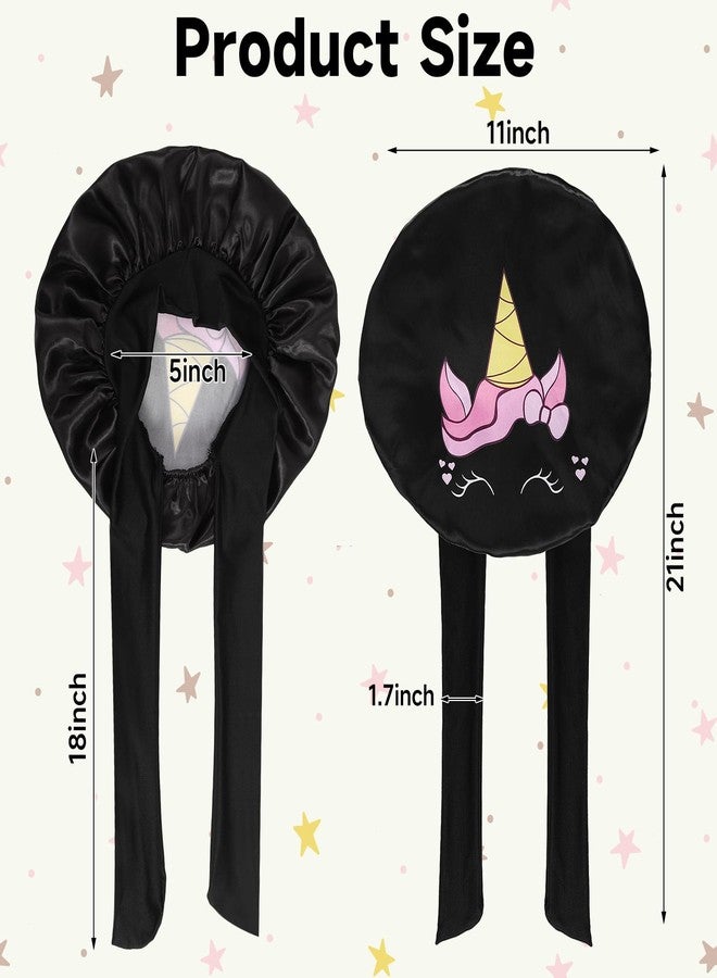 Bgtecho Kids Satin & Silk Hair Bonnet - Cute Pattern, Soft, Elastic Wide Band (Pink & Black) - Image 2