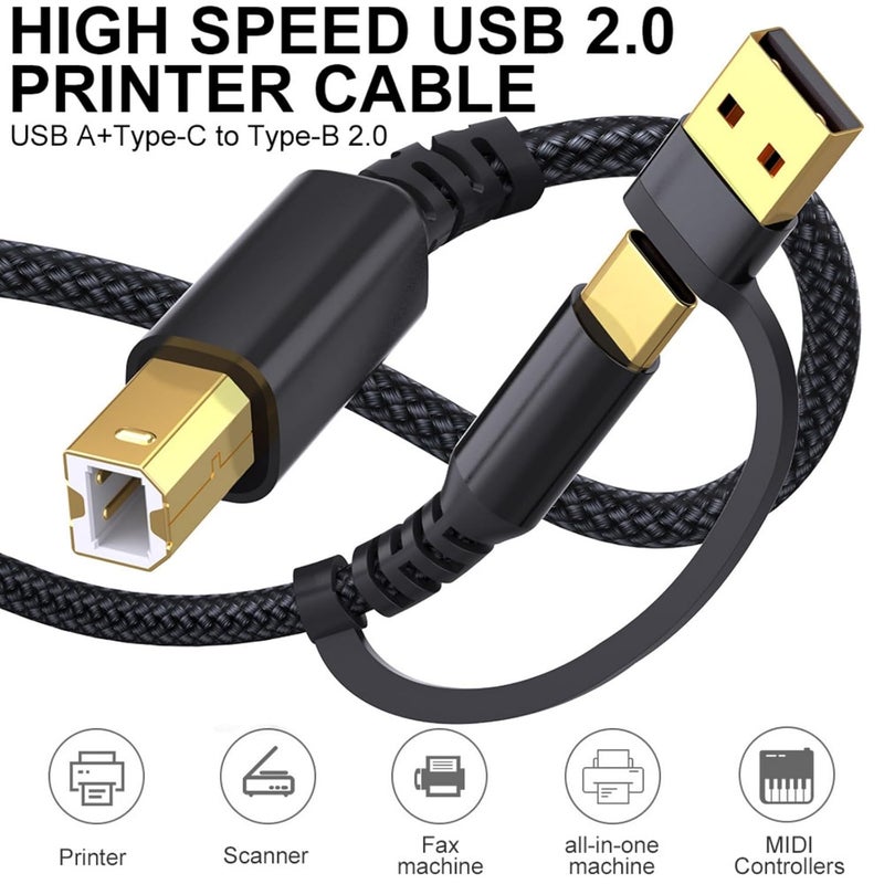 Printer Connection Cable, 2 in 1 Charging Cable, Two Head Foot USB Cord USB A C to B, Multiple Device Compatible Charger Cord for Digital Pianos and Keyboards - Image 5