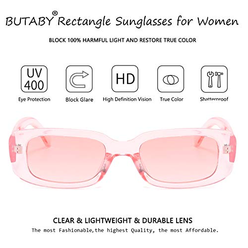 BUTABY Rectangle Sunglasses for Women Retro Driving Glasses 90’s Vintage Fashion Narrow Square Frame UV400 Protection Pink - Image 4