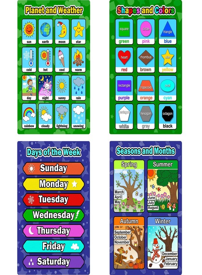 Bememo 4 Pieces Educational Learning Posters, Days of the Week, Shapes and Colors, Seasons and Months, Planet and Weather Charts for Toddlers and Kids - Image 1