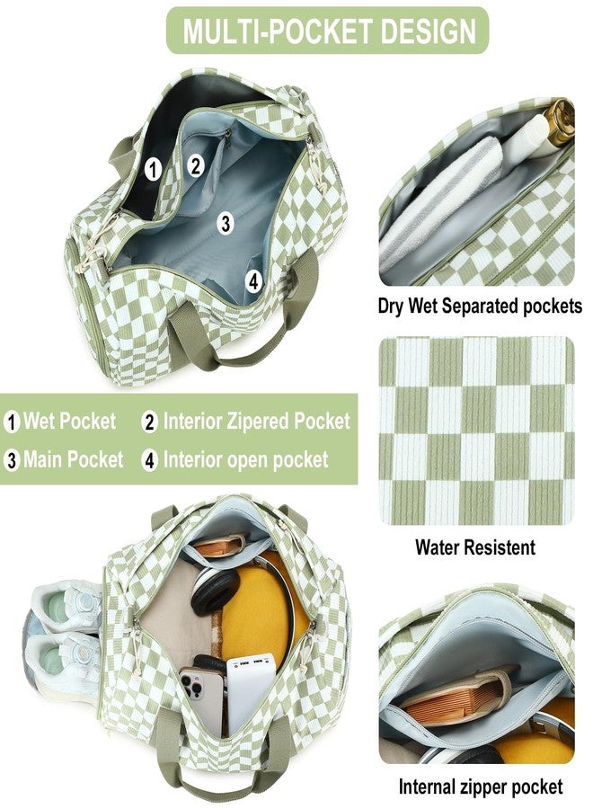 BLUBOON Duffle Bag Girls Kids Cute Gym Bag with Shoes Compartment & Wet Separation Waterproof Sports Overnight Travel Bag, Sage green white grids, 18.1 x 8.7 x 9.1 inches - Image 3