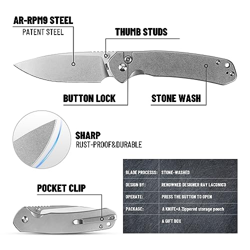 CJRB CUTLERY Pocket Knife Pyrite (J1925L) Button Lock EDC Large Foldable Knife AR-RPM9 Steel Blade and Stainless Steel Handle Silver Outdoor for Women Men for Gifts - Image 4