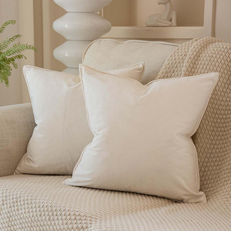 JUSPURBET Cream White Decorative Velvet Throw Pillow Covers 22x22 inch Set of 2 Broadside Soft Cushion Case with Invisible Zipper for Sofa Couch Bed - Image 1