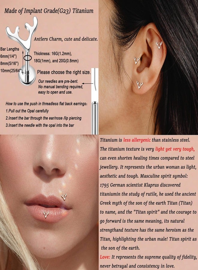 Lantine 18g 8mm Antlers Threadless Push in Nose Rings Studs Implant Grade Titanium Flat Back Stud Earrings Lip Labret Medusa Monroe Helix Daith Tragus Cartilage Conch Lobe Piercing Jewelry - Image 3