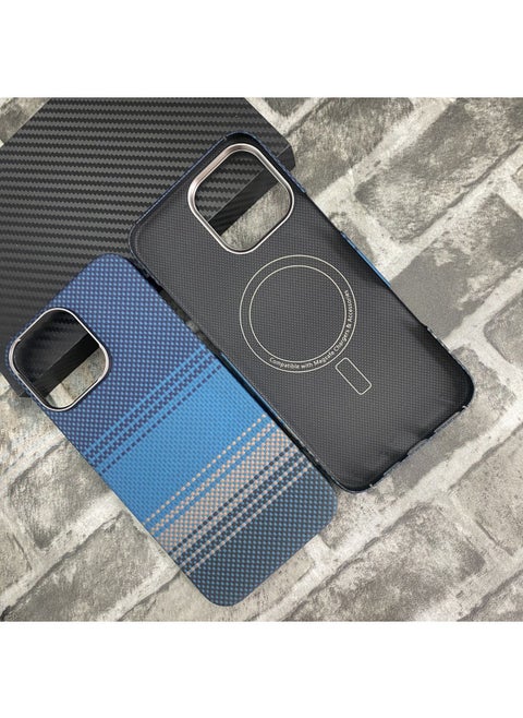 For Iphone16promax Kevlar Phone Case Magnetic Suction For Iphone 16pro Carbon Fiber Protective Case Product-Color:Moonrise Blue Crater Metal Frame Magnetic Half Pack-Applicable Models:For Iphone16promax