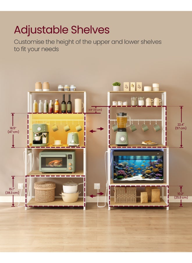 VASAGLE Kitchen Storage Rack with Power Outlet, Coffee Bar, Baker's Rack, with Metal Wire Panel, 14 Hooks, for Microwave, Steel Frame, 40 x 80 x 170 cm, Golden Oak and Matte White - Image 5