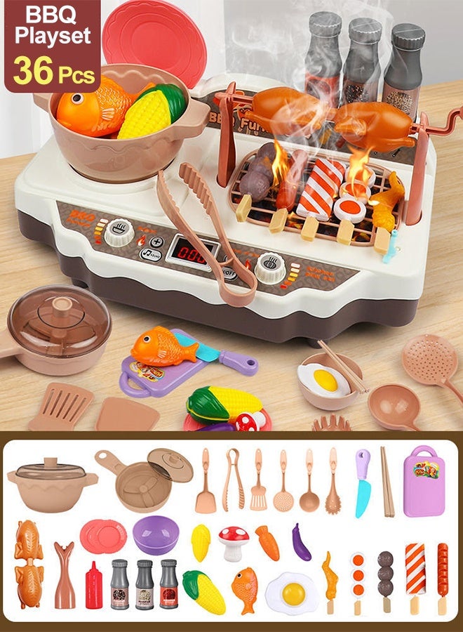 Kids Kitchen Playset 36Pcs Toy BBQ Grill Set Pretend Play Food Set Kitchen Toy Set With Sound Lights Spray Rotating Cooking Toddler Grill Playset Pretend BBQ  Kitchen Accessories Learning Toys for Toddlers Girls and Boys Ages 3+ - Image 1