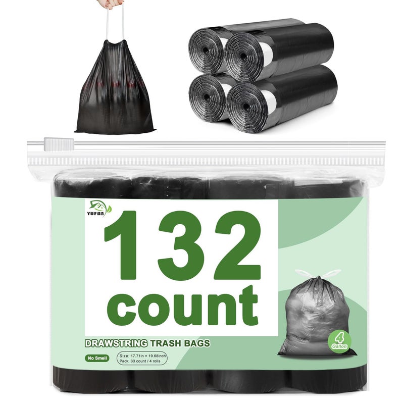 YUFDA 132 Count-Small Trash Bags, 4 Gallon Trash Bag Drawstring,Bathroom Garbage Bagsï¼ŒTear-Free Garbage Bags ï¼ŒPlastic Wastebasket Liners for Toilet Home Office and Bedroom(Black) - Image 1
