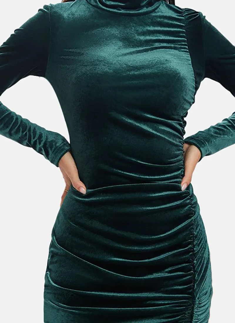 يونيكي Green Solid Long Sleeve High Neck Mini Bodycon Dress