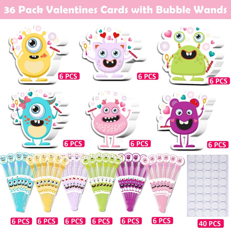 WOONOO 36 Pack Valentines Day Cards for kids With Bubble Wands, Cute Kids Valentines Cards for Classroom School Exchange Gifts, Fun Valentines Gifts for Kids Party Favors Game Prizes - Image 2