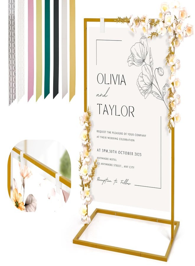 Cathyeen Wedding Welcome Sign Stand, 50”x30”x 20” Heavy Duty Easel Stand for Sign with 8 Pair Satin Ribbon, Welcome to Our Wedding Sign Holder, Metal Floor Standing Easels for Signs, Poster (Gold) - Image 1