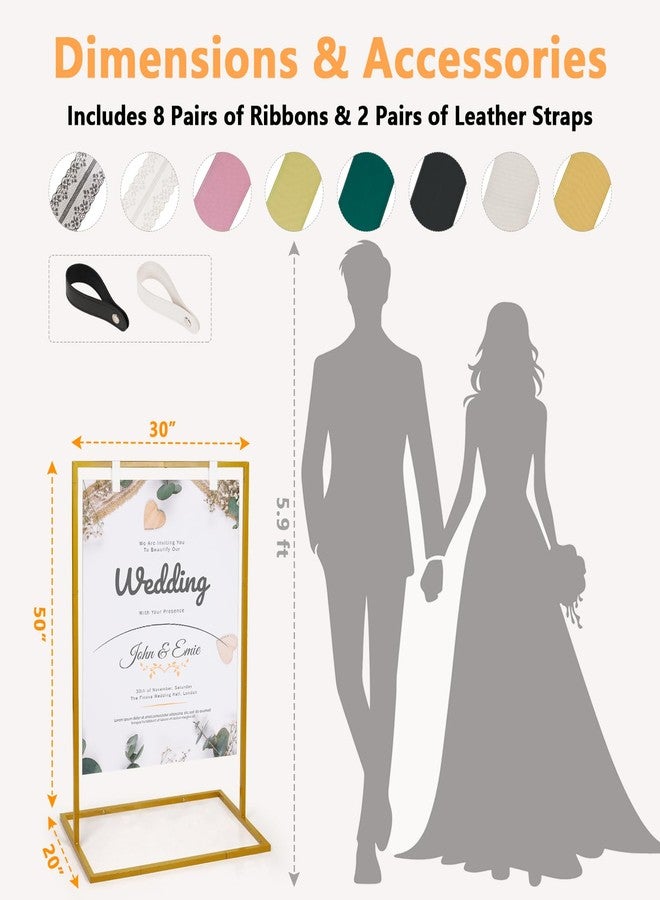 Cathyeen Wedding Welcome Sign Stand, 50”x30”x 20” Heavy Duty Easel Stand for Sign with 8 Pair Satin Ribbon, Welcome to Our Wedding Sign Holder, Metal Floor Standing Easels for Signs, Poster (Gold) - Image 3